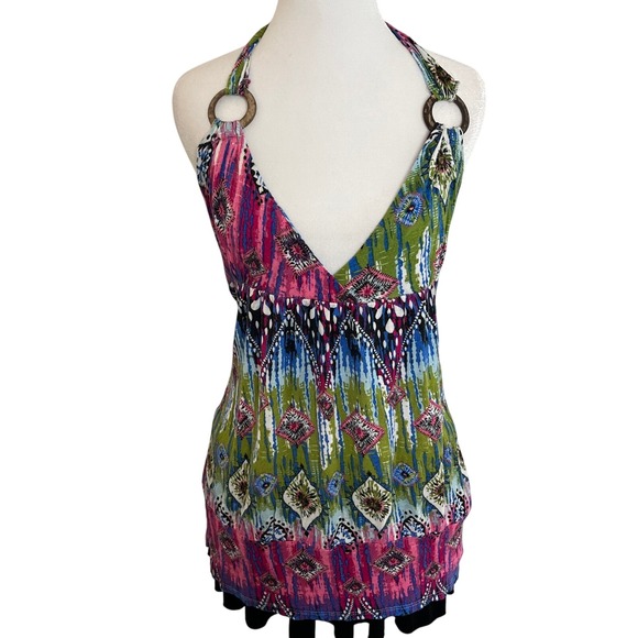 Halter Top Colorful Print Wooden Ring Detail Sleeveless Casual Festival - Picture 1 of 10